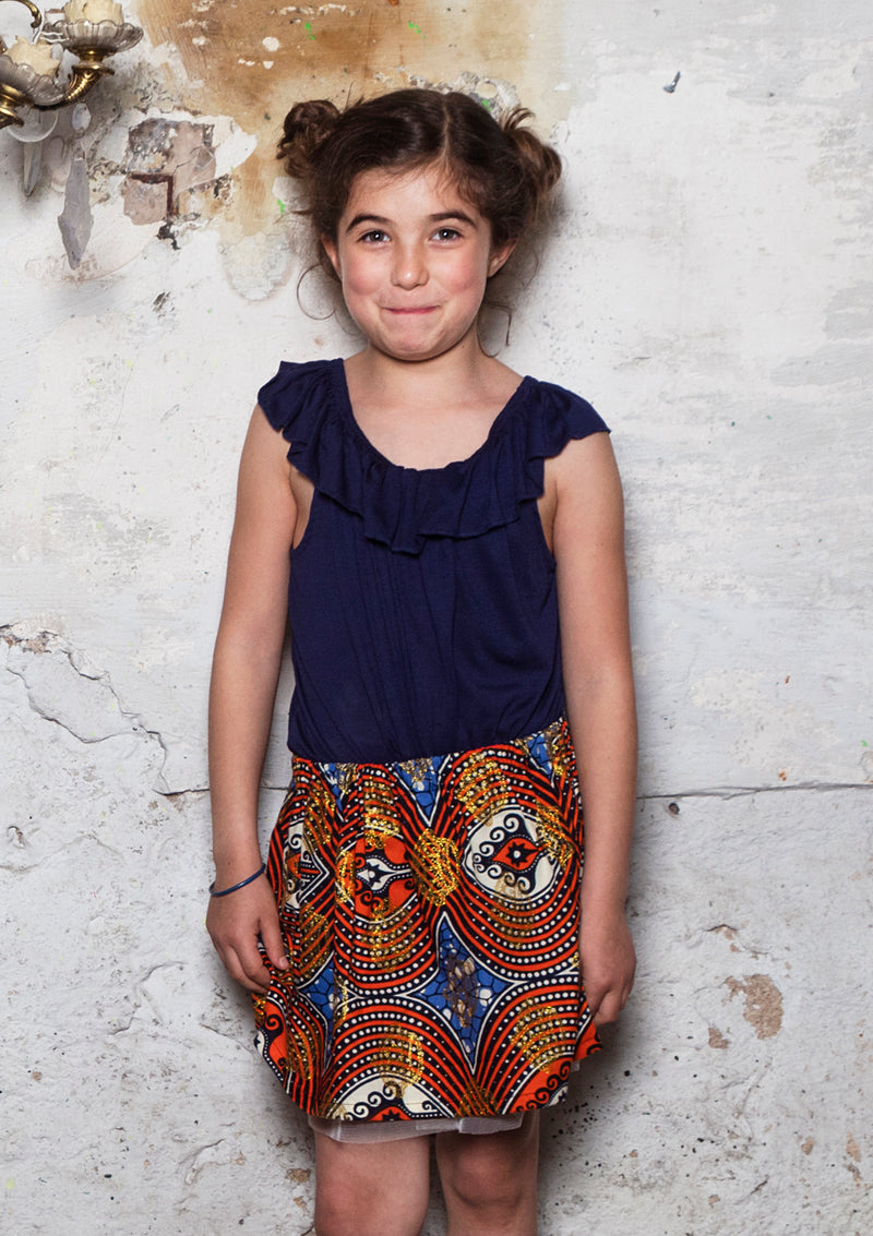 Cora & Lea-girl-skirt Twist and Shout. African Wax-Print, Gold Crown printing. 