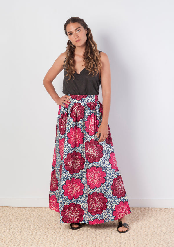Cora & Lea-woman-long skirt Suzanne. African Wax-Print, metallic floral print. 